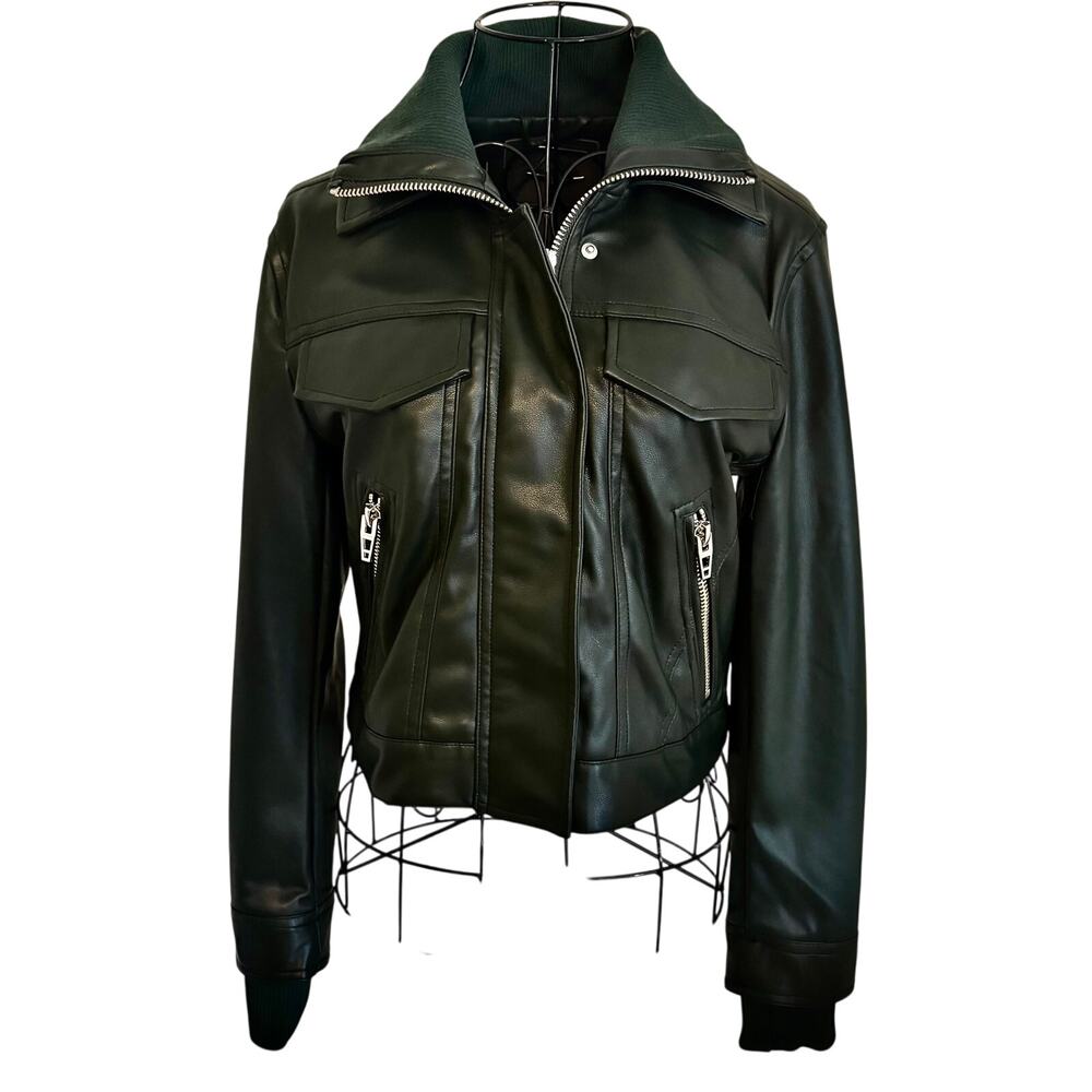 NWT Blank NYC Forest Green Faux Leather Bomber Jacket Rockabilly Retro Edgy XS